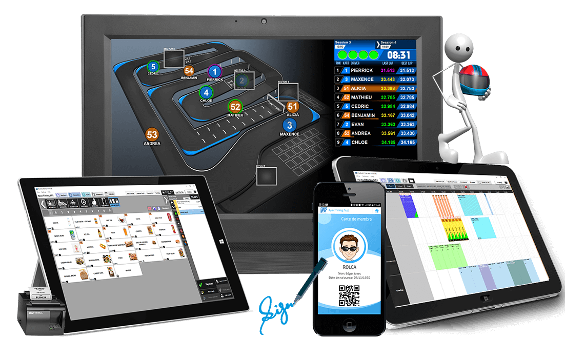 El software de gestión Apex Timing incluye todas las caracteristícas esenciales para la gestión completa de su club, centro de ocio, centro de karting de alquiler y karting de competición : punto de venta, contabilidad, gestión de socios, marketing, cronometraje karting, live timing, asistencia a la seguridad.