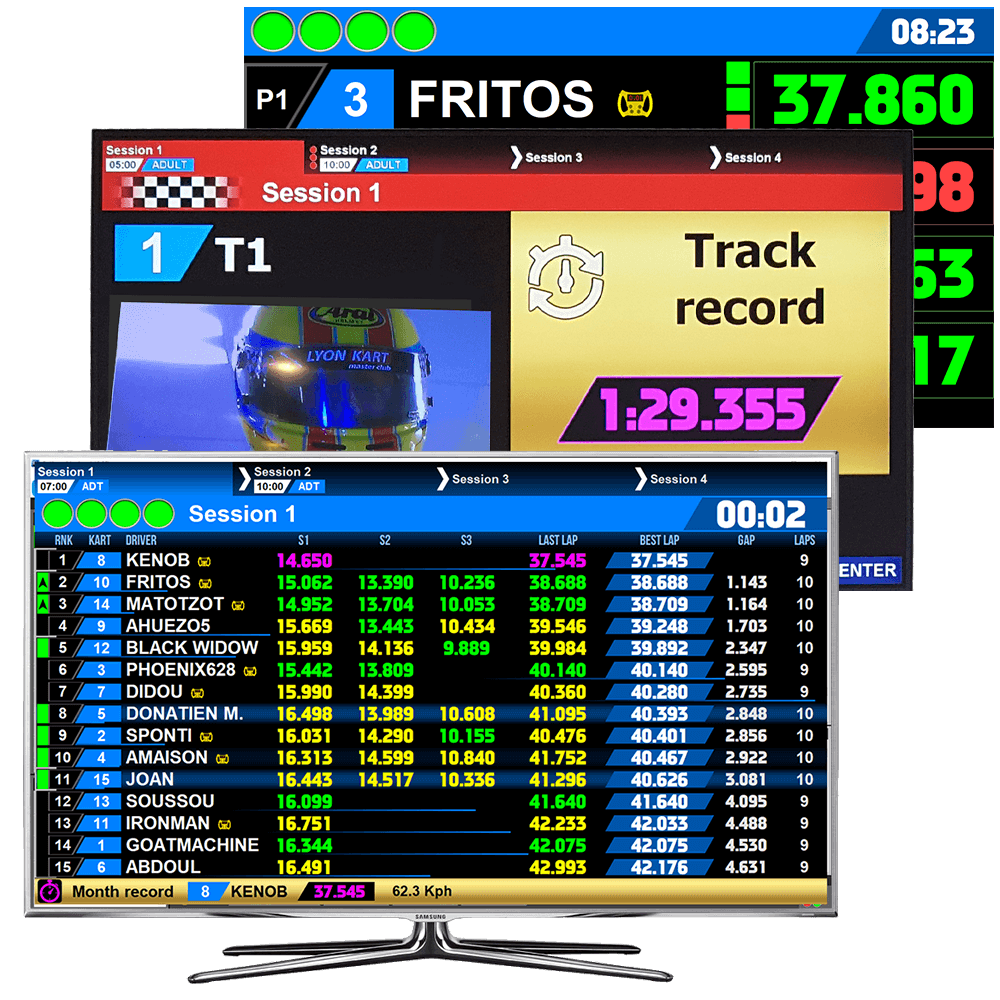 Die Karting-Softwarelösung Apex Timing integriert Module, um auf HD-Bildschirmen den Verlauf der Sitzungen in Ihrem Karting-Center anzuzeigen: anstehende Sitzungen, laufende Sitzungen, Ergebnisse.